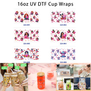 Wholesale 5pcs Dreamy Cute Cartoon Princess Mouse Alien Character Heart Flower Apple Bone Mixed Decor Prints 16oz Cup UV DTF Wraps OLY Exclusive