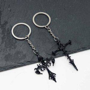 oly-3c11b41fc1607723b97463c978939c54 Wholesale Metal Keychain with Gothic Flame Skeleton Cross Design, Decorative Car Key Accessory or Bag Charm