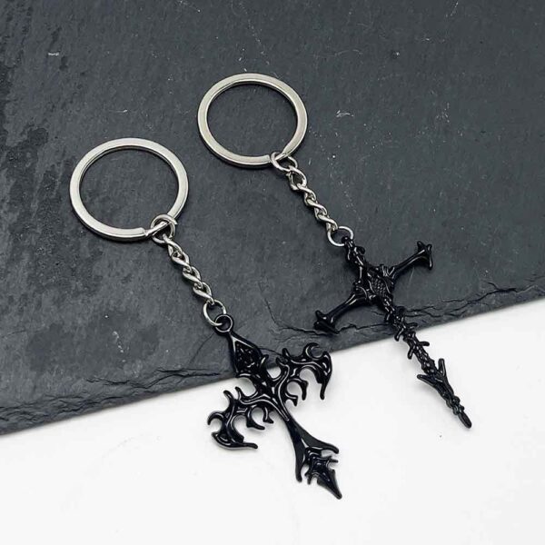 Wholesale Metal Keychain with Gothic Flame Skeleton Cross Design, Decorative Car Key Accessory or Bag Charm