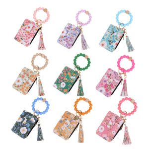 Wholesale Pastoral Floral Print PU Leather Card Holder Wallet Keychain Trendy Bag Charm Accessory