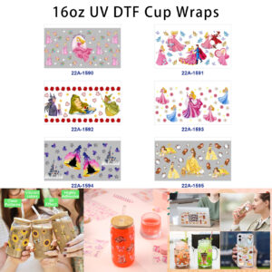 oly-3ebbb3cebe4e9bba17ea1c89c6a08fcc Wholesale 5pcs Soft Pastel Dreamy Watercolor Fantasy Gown Maiden Fantasy Castle Silhouette Fairy Tale Side Character Butterfly Rose Heart Floral Mixed Decor Prints 16oz Cup UV DTF Wraps OLY Exclusive