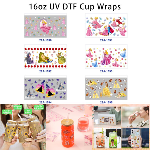 Wholesale 5pcs Soft Pastel Dreamy Watercolor Fantasy Gown Maiden Fantasy Castle Silhouette Fairy Tale Side Character Butterfly Rose Heart Floral Mixed Decor Prints 16oz Cup UV DTF Wraps OLY Exclusive