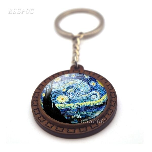 Wholesale French Retro Van Gogh Wooden Keychain with Sunflower Print Car Key Accessory
