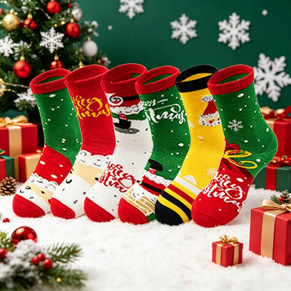 Wholesale Polyester Cotton Mid Calf Socks with Cartoon Christmas Patterns for Holiday Party Gifts
