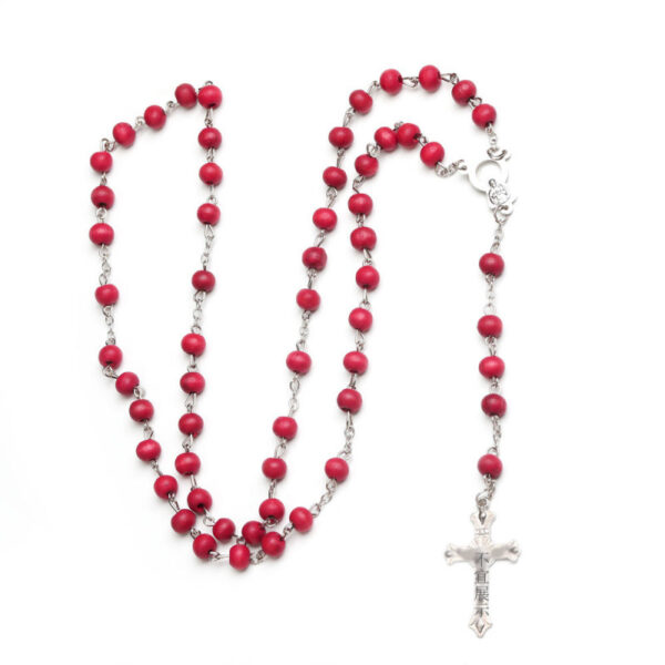 oly-423a20f17b8a93784e6fd32c818cd79a Wholesale Wine Red Wood Cross Necklace with Flower Rosary Beads Gift
