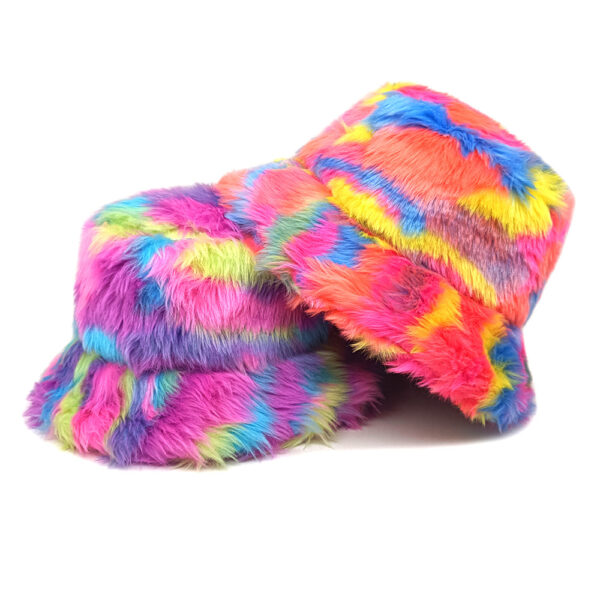 Wholesale Faux Fur Rainbow Gradient Tie Dye Bucket Hat Winter Fashion Accessory