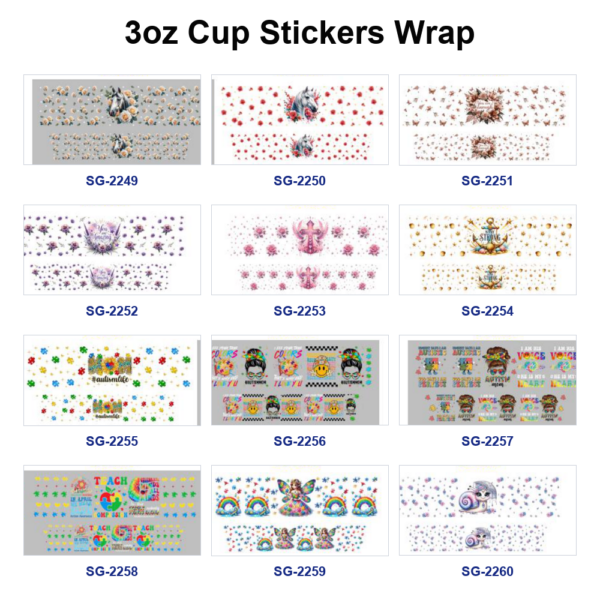 oly-42e58f84e3b7f3329ba619720494f5af Wholesale 8pcs Mixed Horse Floral Cross Cartoon Print 3oz Cup Stickers Wrap