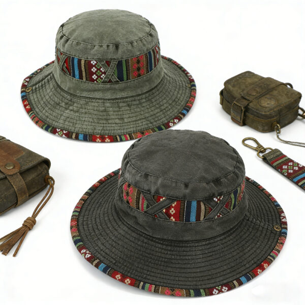 oly-435e734a886ecc1f7615e7bc0612c958 Wholesale Trendy Embroidery Wide Brim Bucket Hat Sun Protection Cream White for Outdoor Fishing Tourism