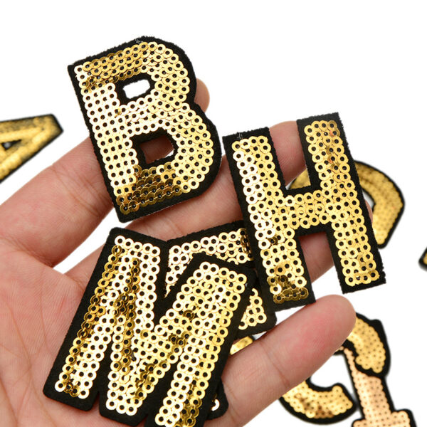 Wholesale Polyester Gold Sequin Embroidered Alphabet Patch Decorative Accent for Coats
