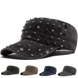 Wholesale Vintage Rivet Decorative Flat Top Military Cap Hat, Adjustable Sun Protection Navy Blue