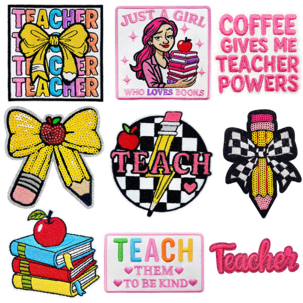 oly-47d867e83eb7a6a31cd2c7d3fe69792d Wholesale Teacher's Day Iron-On Embroidery Patches Pencil Bow Polyester Jacket Decor Fashion Accessory