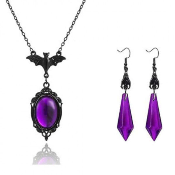 Wholesale Gothic Bat Pendant Necklace and Earrings Set, Purple Crystal Inlay, Fashion Jewelry for Women, Everyday Wear
