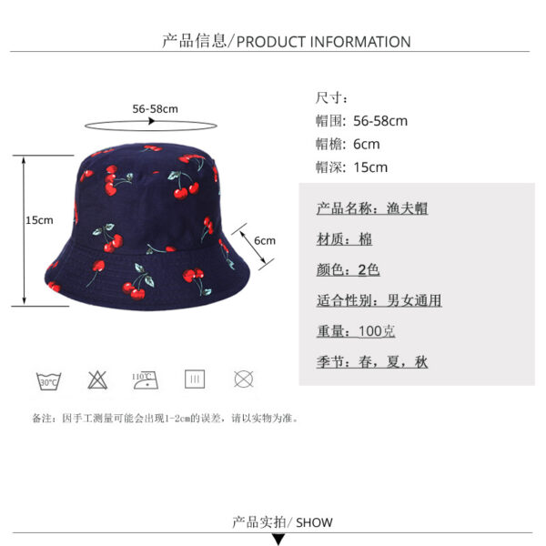 Wholesale Cherry Print Cotton Fisherman Hat Reversible Casual Summer Sun Protection