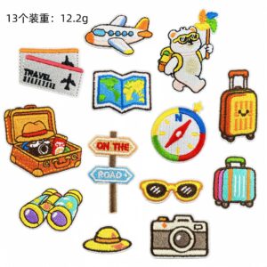 Travel-themed fabric patches, Set B (13 pieces)