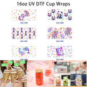 oly-4b405cb741ead6ebf3f9627c5b38caeb Wholesale 5pcs Vibrant Rainbow Tie Dye Dreamy Cartoon Unicorn Panda Dog Elephant Dolphin Cat Flower Bamboo Star Mixed Decor Prints 16oz Cup UV DTF Wraps