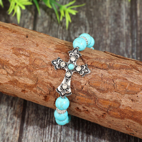 oly-4b5ef1785840e5b9066c3f8983a2a773 Wholesale Vintage Carved Cross Western Cowboy Blue Bead Bracelet Alloy Fashion Accessory