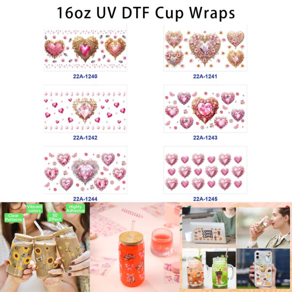 oly-4c02fc27f967a1510325e6e3a496af98 Wholesale 5pcs Luxurious Gilded Pink Valentines Gem Heart Floral Heart Pearl Butterfly Tiny Flower Star Mixed Decor Prints 16oz Cup UV DTF Wraps