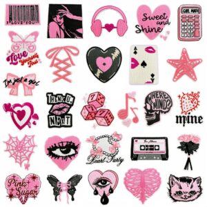 oly-4da353ff7ced5cbf914dac5ca9fbc8e3 Wholesale Trendy Embroidered Patch Set 27 Pieces Black Pink Skull Heart Butterfly Decorative Accent for DIY Clothing Bag