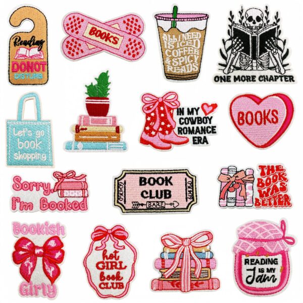 Wholesale Decorative Book Sticker Set - 15 Pieces Pink Reading Theme Embroidered Patches for DIY Craft, Clothing, Bag Accessory