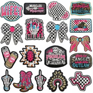 oly-4e2bff20d00faffec011a2904ad51694 Wholesale Trendy Sweet Cool Checkerboard and Western Cowboy Cloth Patch Set 18 Pieces Polyester Embroidery Patches for DIY Clothing Decor Resale