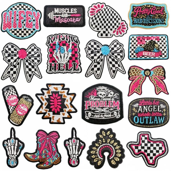 Wholesale Trendy Sweet Cool Checkerboard and Western Cowboy Cloth Patch Set 18 Pieces Polyester Embroidery Patches for DIY Clothing Decor Resale