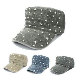Wholesale Grey Flat Top Hat with Dot Rivets Adjustable Casual Cap for Outdoor Sun Protection