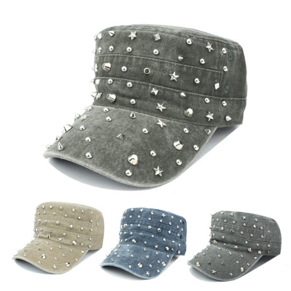 oly-4edd354277b09f91472c47cfe51e412c Wholesale Grey Flat Top Hat with Dot Rivets Adjustable Casual Cap for Outdoor Sun Protection
