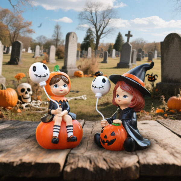 Wholesale Resin Halloween Skull Balloon Witch Statue Set Decorative Accent for Home Garden