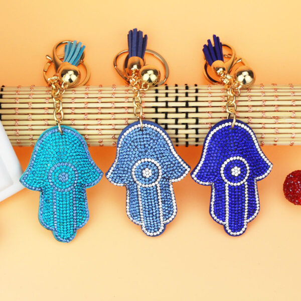 oly-4f48a79910bd3a24cd68d75eb5c006e0 Wholesale Trendy Hamsa Hand Rhinestone Keychain Light Blue Flannel with Tassel Boutique Resale Gift