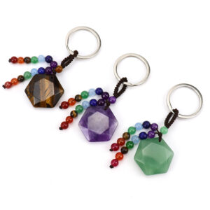 oly-4feb8ee28852943f25e4e497069e85bb Wholesale Natural Crystal Stone Hexagram Keychain Pendant with Chakra Beads Decorative Bag Accessory