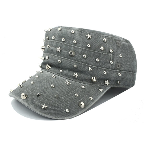 oly-504ee6217cf647804b851739cb3b54d5 Wholesale Grey Flat Top Hat with Dot Rivets Adjustable Casual Cap for Outdoor Sun Protection