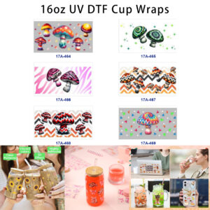 Wholesale 5pcs Psychedelic Tie Dye Zebra Print Mushroom Star Chevron Triangle Mixed Decor Prints 16oz Cup UV DTF Wraps