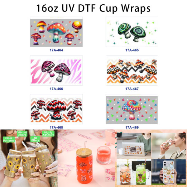 oly-50d99f51eeebc083dca414d424466ef9 Wholesale 5pcs Psychedelic Tie Dye Zebra Print Mushroom Star Chevron Triangle Mixed Decor Prints 16oz Cup UV DTF Wraps