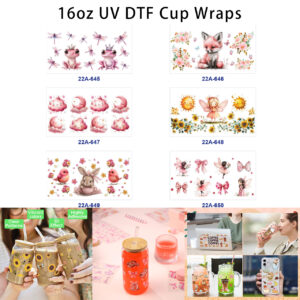 oly-5125d670639771c22aaf677639197a66 Wholesale 5pcs Sweet Pastel Watercolor Critter Fox Bunny Frog Cloud Moon Fairy Dragonfly Floral Bow Assorted Decor Prints 16oz Cup UV DTF Wraps