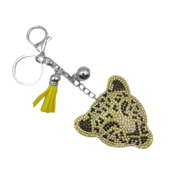 Wholesale Stylish Khaki Leather Cheetah Rhinestone Tassel Keychain Bag Charm Car Key Accessory Gift