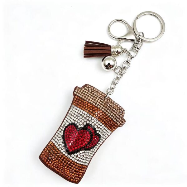 Wholesale Rhinestone Heart Coffee Cup Keychain Leather Tassel Bag Charm Decorative Accessory