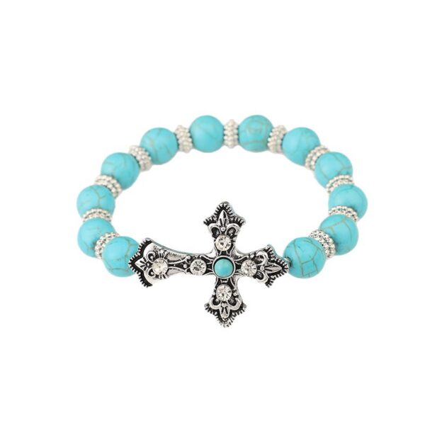 oly-52c27587bb44fde5f3d968194067cb61 Wholesale Vintage Carved Cross Western Cowboy Blue Bead Bracelet Alloy Fashion Accessory
