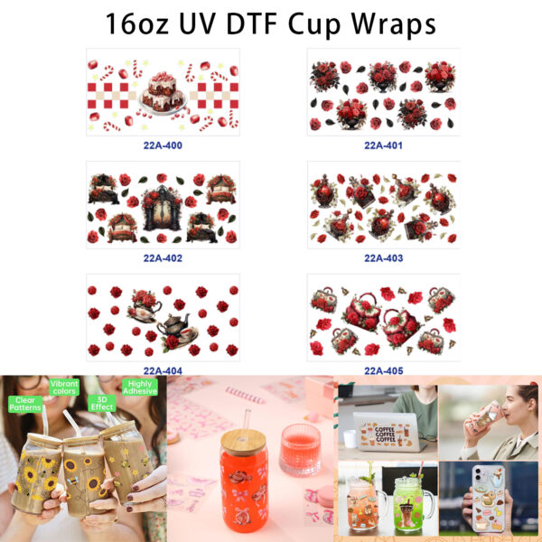 Wholesale 5pcs Vintage Dark Red Rose Retro Dessert Antique Furniture Mixed Decor Prints 16oz Cup UV DTF Wraps