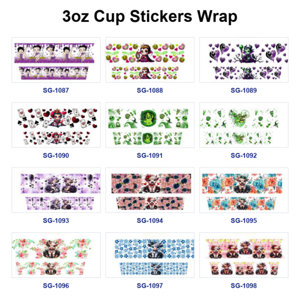 oly-5413aa96c341ee0188a3727492b04f72 Wholesale 8pcs Mixed Retro Pinup Lady Dark Villain Character Heart Playing Card Green Witch Floral Mini Cow Print 3oz Cup Stickers Wrap OLY Exclusive
