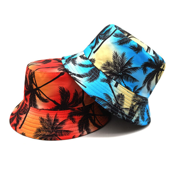 oly-542b984feaed4c35d7fae95c6ed615d2 Wholesale Chic Orange Double Sided Fisherman Hat with Colorful Coconut Tree Print Unisex Sun Hat