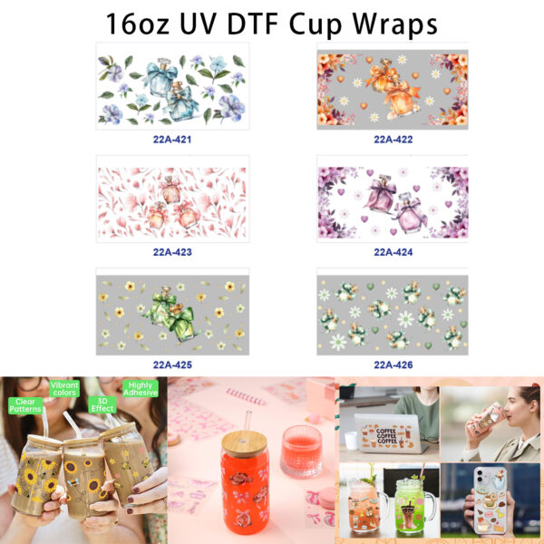 oly-54baa4e6486c43d0feaac8fb9e758fdf Wholesale 5pcs Watercolor Aesthetic Perfume Bottle Floral Mixed Decor Prints 16oz Cup UV DTF Wraps