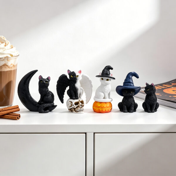 Wholesale Resin Black White Twin Cat Figurine for Halloween Car Desktop Decor