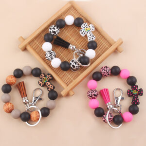 oly-571583bc686ae584e264512fab69c01a Wholesale Korean Style Chic Silicone Bead Key Ring with Leather Tassel Leopard Print White Car Key Accessory Fashion Accessory