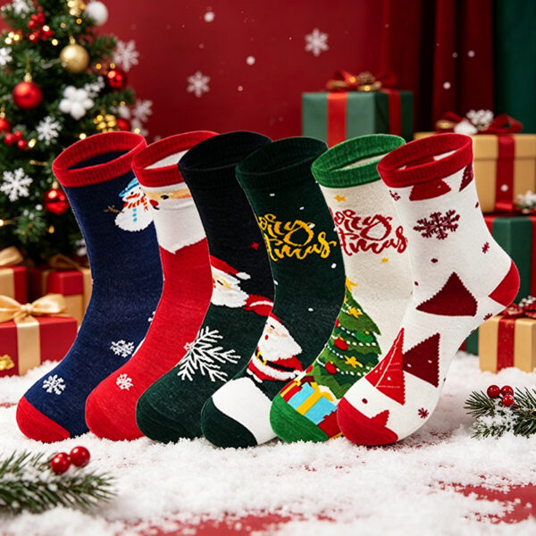 Wholesale Polyester Cotton Mid Calf Socks with Cartoon Christmas Patterns for Holiday Party Gifts