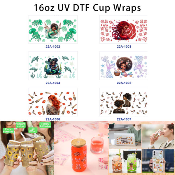 oly-57213ad4c9c0929aca66ab64947e4a53 Wholesale 5pcs Fresh Summer Vintage Mermaid Jellyfish Turtle Seashell Diamond Rose Fashion Woman Lipstick High Heel Mixed Decor Prints 16oz Cup UV DTF Wraps