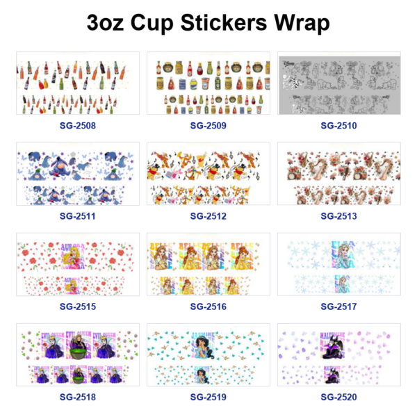 Wholesale 8pcs Mixed Bottle Jar Cartoon Princess Print 3oz Cup Stickers Wrap OLY Exclusive