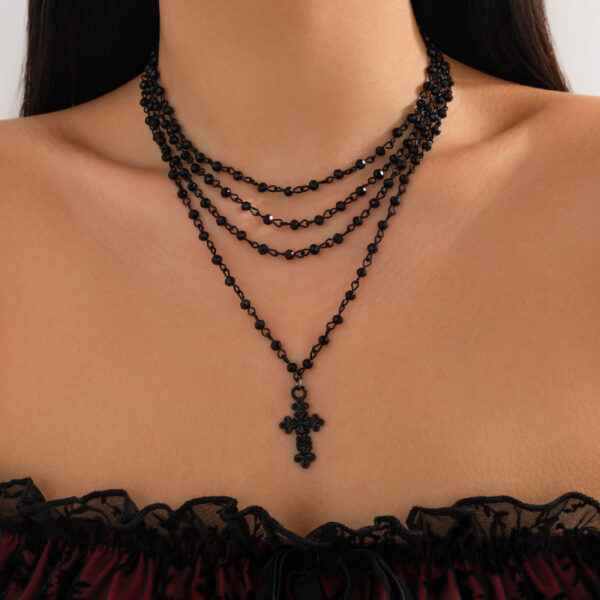 Wholesale Gothic Dark Style Artificial Crystal Cross Pendant Layered Necklace for Women Trendy Jewelry Accessory