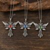 oly-57db4186b03257f7a4d194047d0c0960 Wholesale Vintage Evil Eye Cross Pendant Necklace with Angel Wings, Zinc Alloy Red, Fashion Jewelry Accessory for Boutique Resale