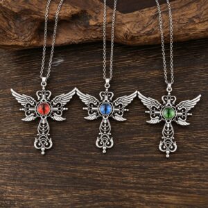 oly-57db4186b03257f7a4d194047d0c0960 Wholesale Vintage Evil Eye Cross Pendant Necklace with Angel Wings, Zinc Alloy Red, Fashion Jewelry Accessory for Boutique Resale