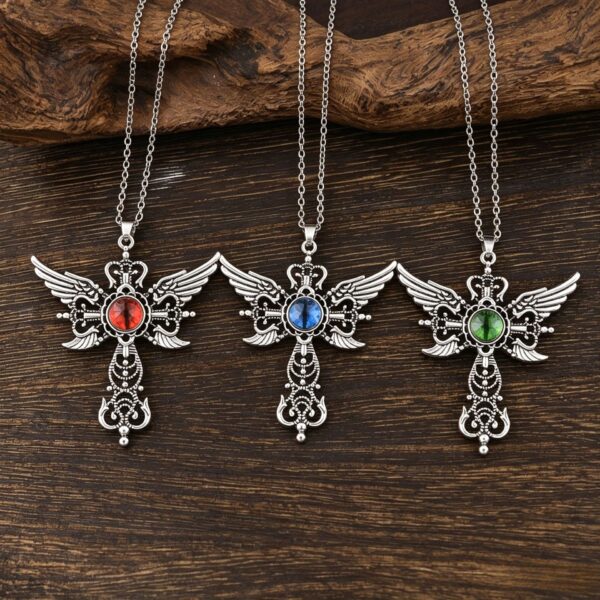 oly-57db4186b03257f7a4d194047d0c0960 Wholesale Vintage Evil Eye Cross Pendant Necklace with Angel Wings, Zinc Alloy Red, Fashion Jewelry Accessory for Boutique Resale